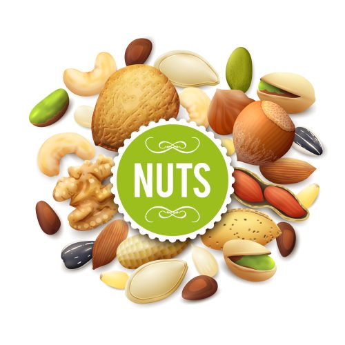 Nut collection with raw food mix and paper label vector illustration